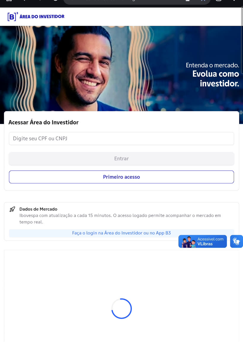 Tela de login da Área do Investidor da B3, com o campo CPF ou CNPJ vazio