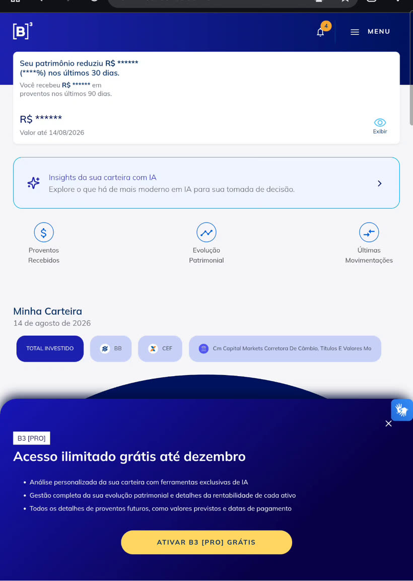 Painel inicial da Área do Investidor mostrando resumo de patrimônio e Minha Carteira