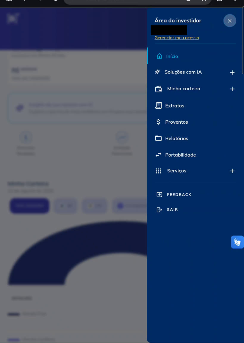 Menu lateral aberto com as opções Início, Soluções com IA, Minha carteira, Extratos, Proventos, Relatórios, Portabilidade e Serviços