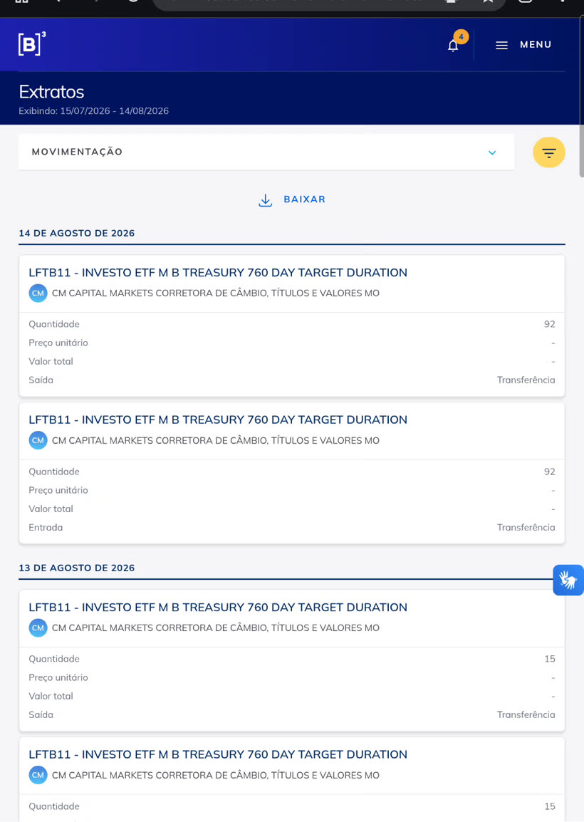 Tela de Extratos com seletor MOVIMENTAÇÃO, ícone de funil amarelo e link BAIXAR