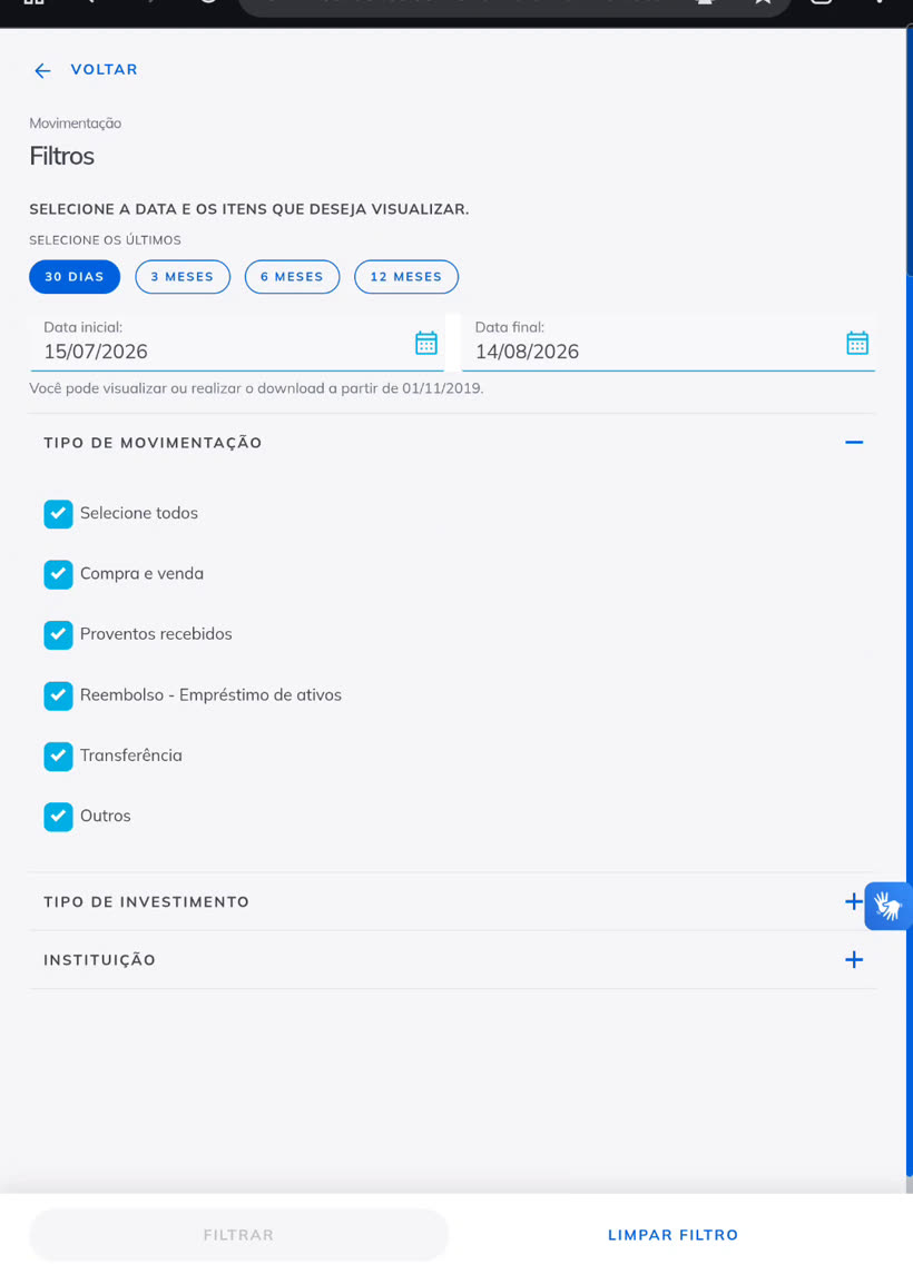 Tela de Filtros com data inicial e data final preenchidas com os últimos 30 dias