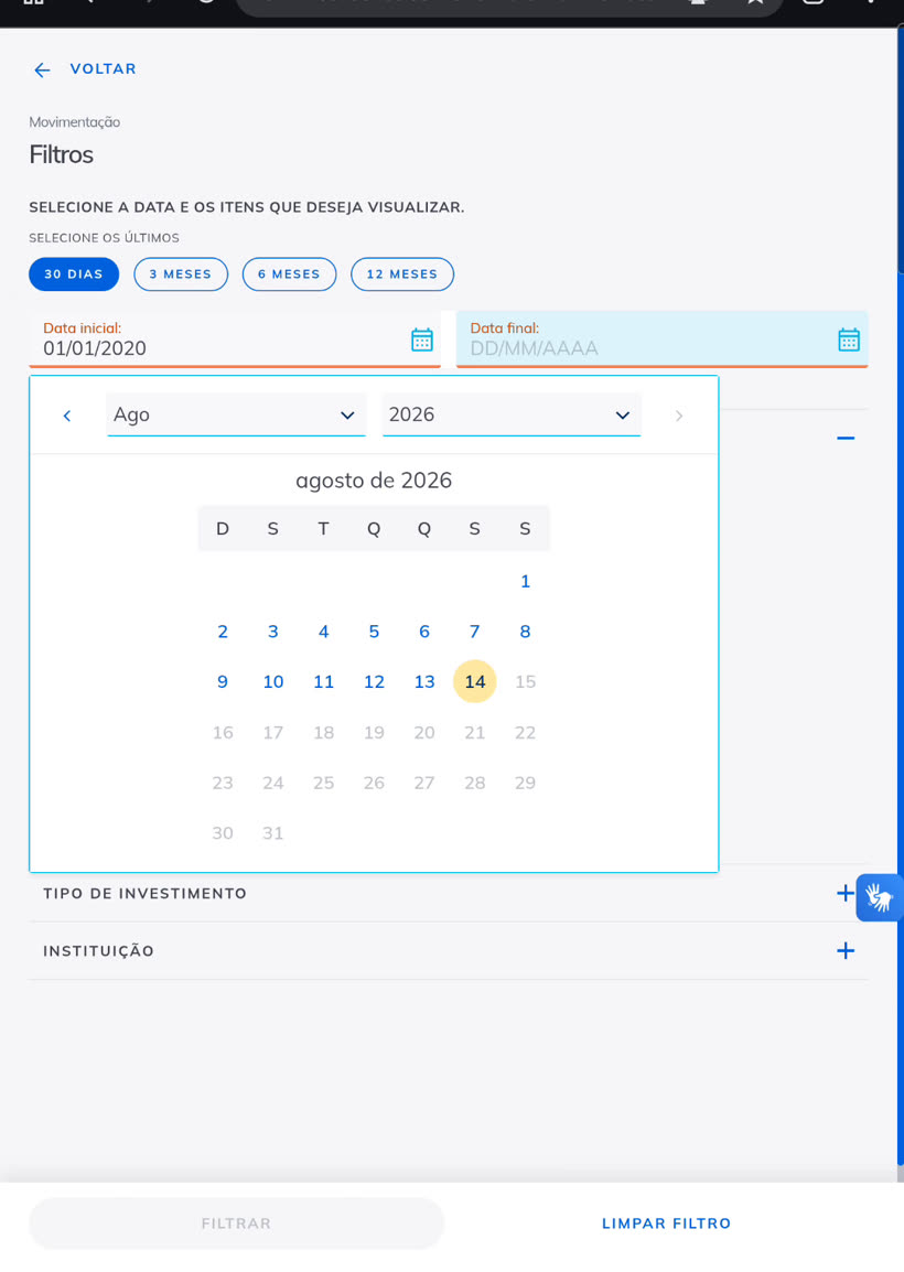 Calendário aberto com a data inicial já definida em 01/01/2020