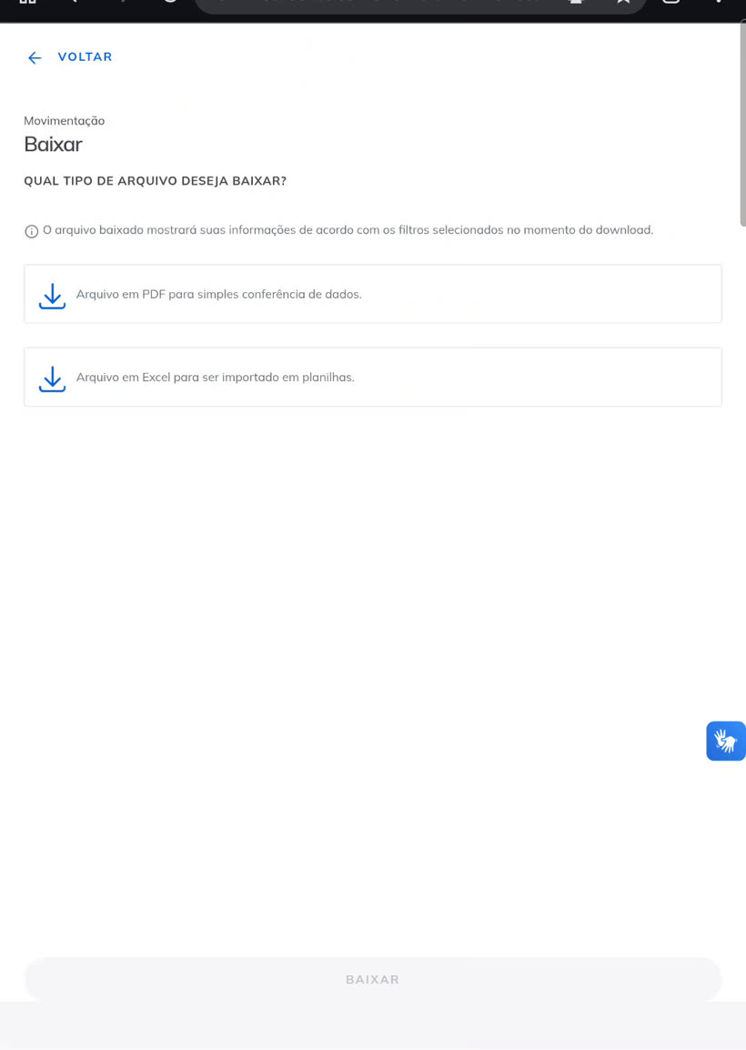 Tela perguntando o tipo de arquivo, com as opções Arquivo em PDF e Arquivo em Excel