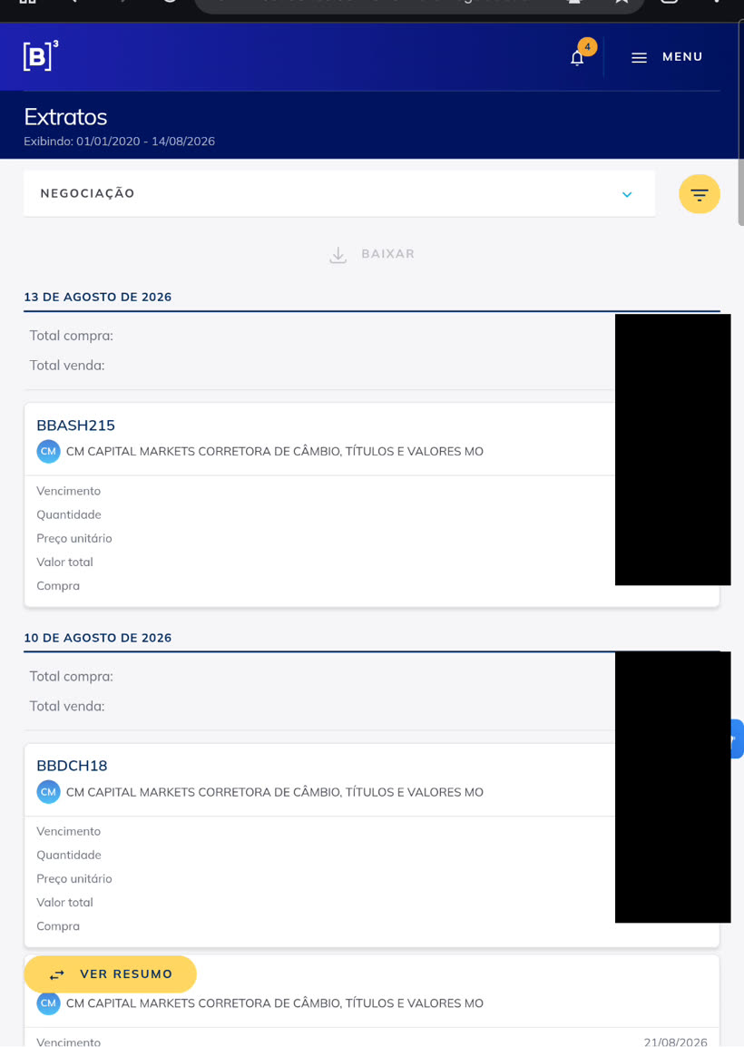 Aba Negociação mostrando operações agrupadas por data, com os valores cobertos por tarjas pretas