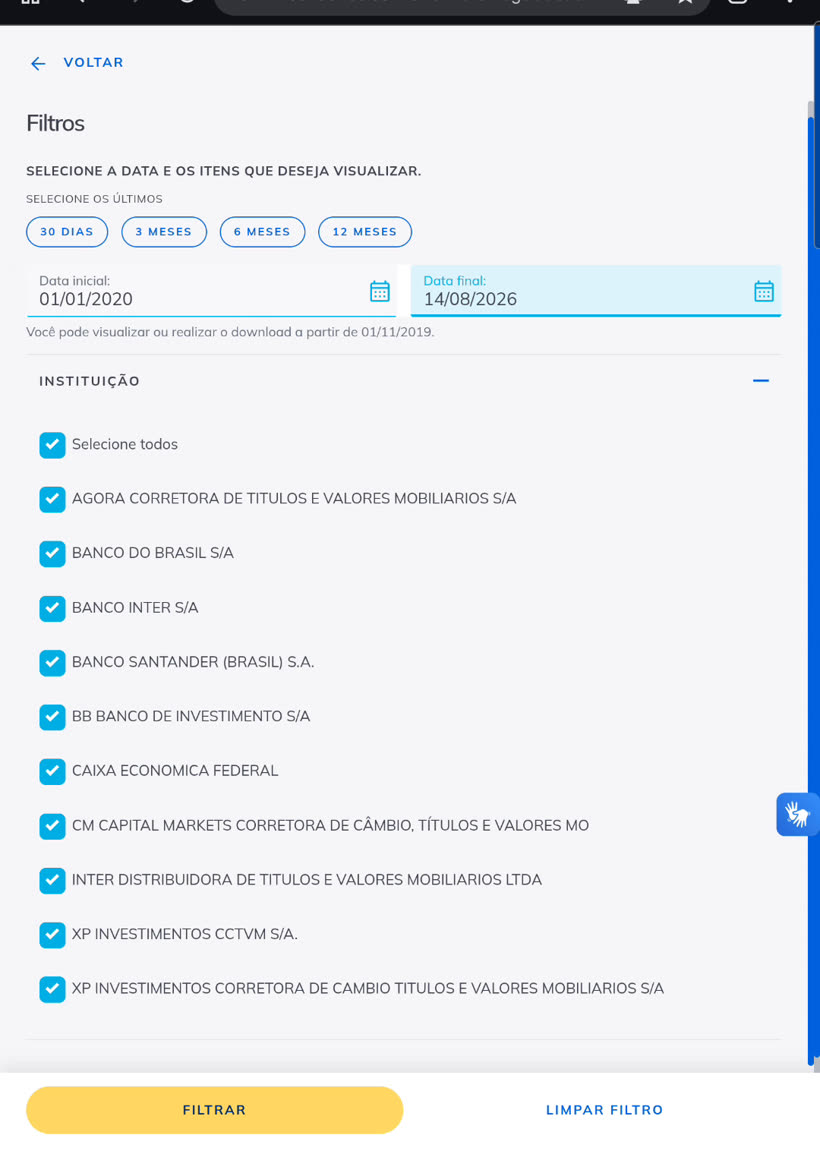 Filtro da aba Negociação com a lista de instituições, todas marcadas