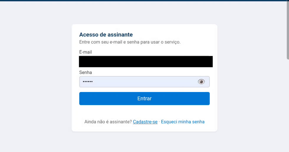 Tela Acesso de assinante do MyPerfólio, com campos de e-mail e senha