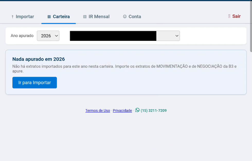 Aba Carteira mostrando a mensagem Nada apurado em 2026 e o botão Ir para Importar