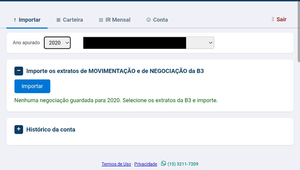 Aba Importar com o botão Importar e a mensagem de que nenhuma negociação está guardada
