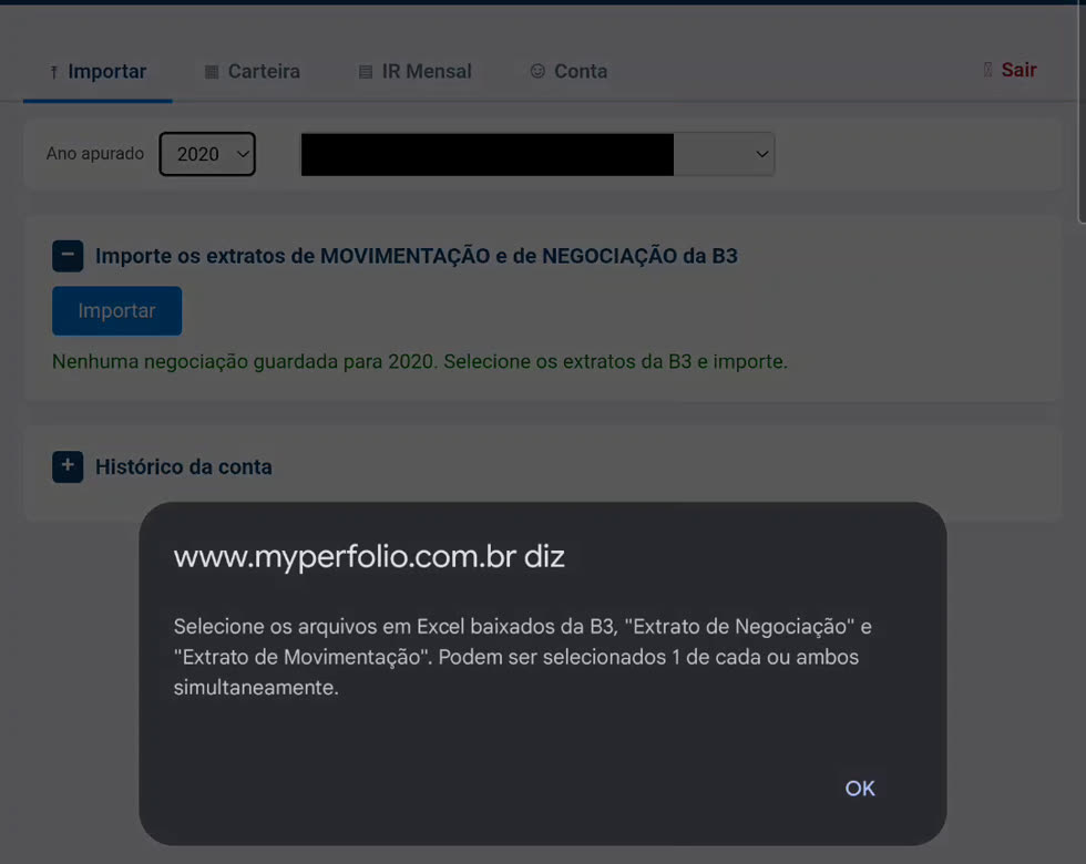 Aviso do navegador explicando que devem ser selecionados os arquivos Excel de Negociação e Movimentação