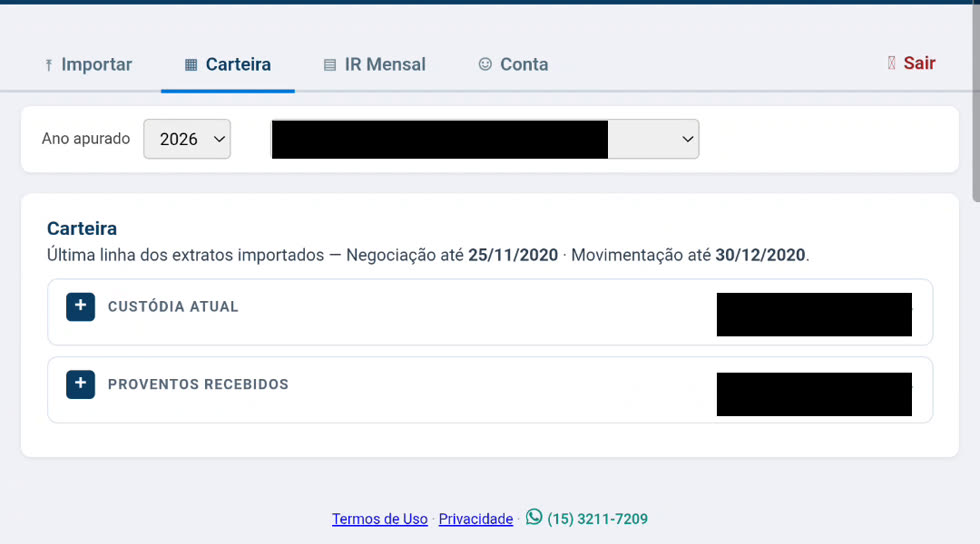 Aba Carteira mostrando as datas dos últimos extratos importados, custódia atual e proventos recebidos