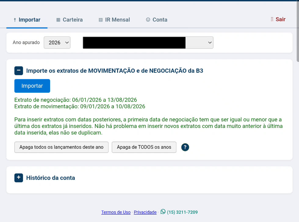 Tela de importação mostrando os períodos dos extratos de negociação e movimentação e a regra sobre datas