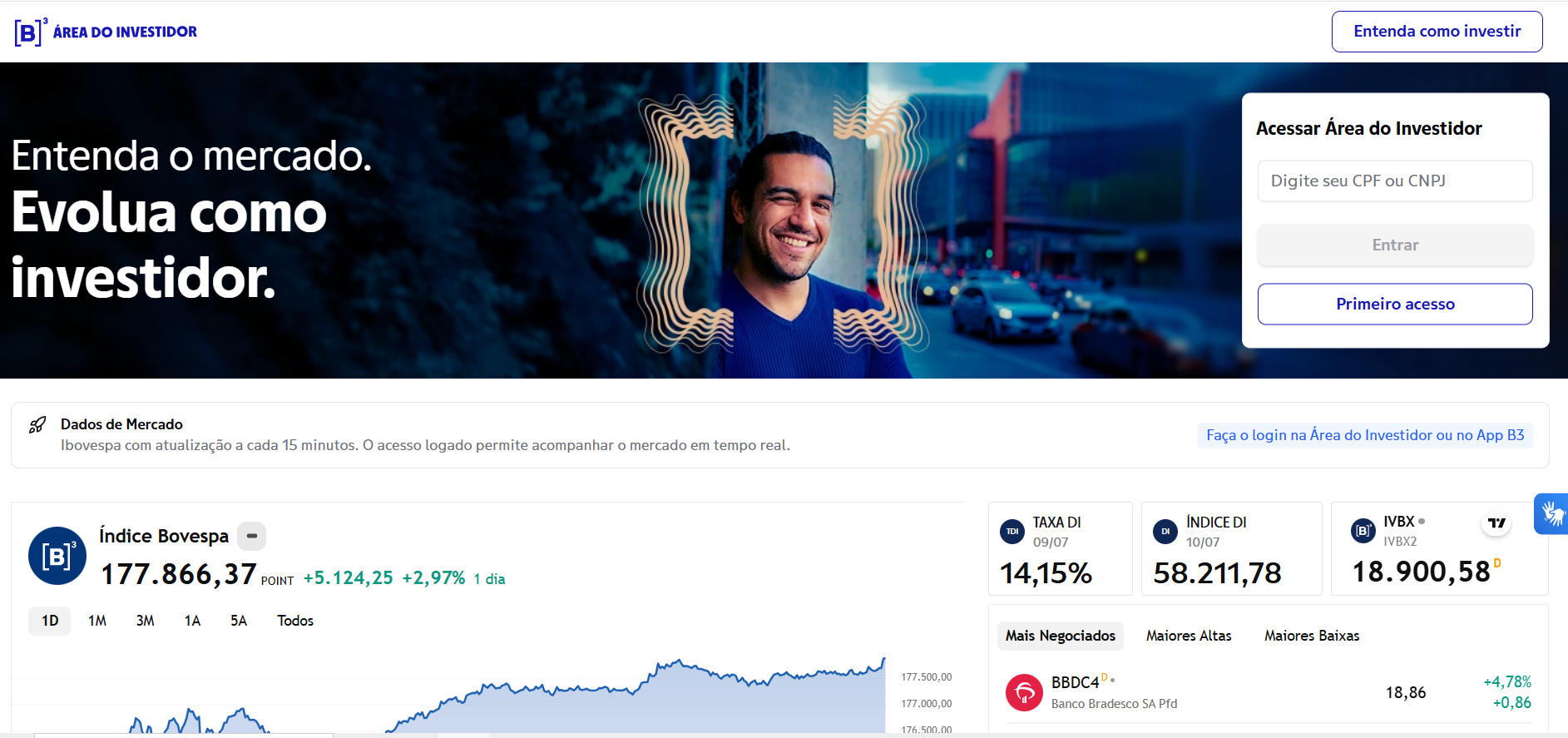 Tela de login da Área do Investidor da B3