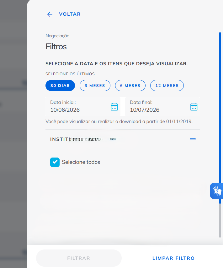 Painel de filtros por período e instituição