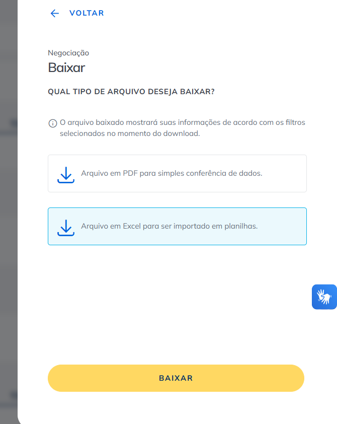 Escolha do formato Excel para download